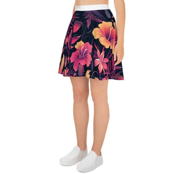 Model twirling in a colorful Hawaiian print skater skirt, perfect for summer