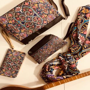 Arghavan Shawl-Makeup Bag-Shoulder Bag-Envelope Wallet Set featuring elegant Persian designs.